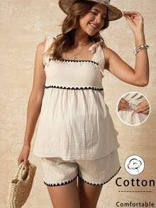 SHEIN 孕妇装 孕妇孕期服装 度假卡其色孕妇两件套 孕妇夏季套装 两件套孕妇度假休闲撞色滚边吊带背心短裤套装 纯棉孕妇装 孕妇套装 夏季纯棉套装 女士纯棉女装 哺乳服 卡其色纯棉舒适无束缚度假两件套 - 杏色 - 查看 3