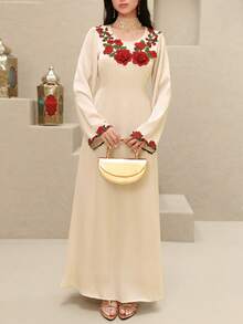 Al Najma Women's Casual Loose Rose Floral Lace Applique Waist Tie Belted Abaya Dress