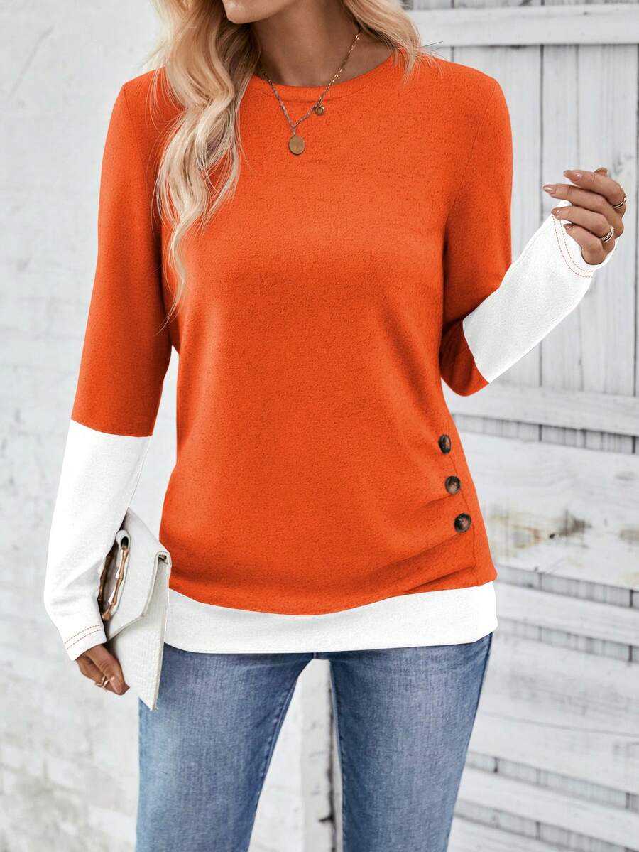 EMERY ROSE Women Casual Contrast Color Patchwork 2 In 1 T-Shirt, Autumn Graphic Tees Women Tops - Orange - View 1