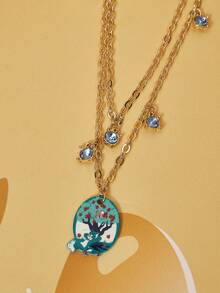 TOM & JERRY X SHEIN 1pc Fashionable Zinc Alloy Chain Necklace, Cute Cartoon Pattern Printed Rhinestone Pendant Necklace, Luxury Niche, Casual Adorable, Suitable For Party, Concert, Festival - Gold - View 3