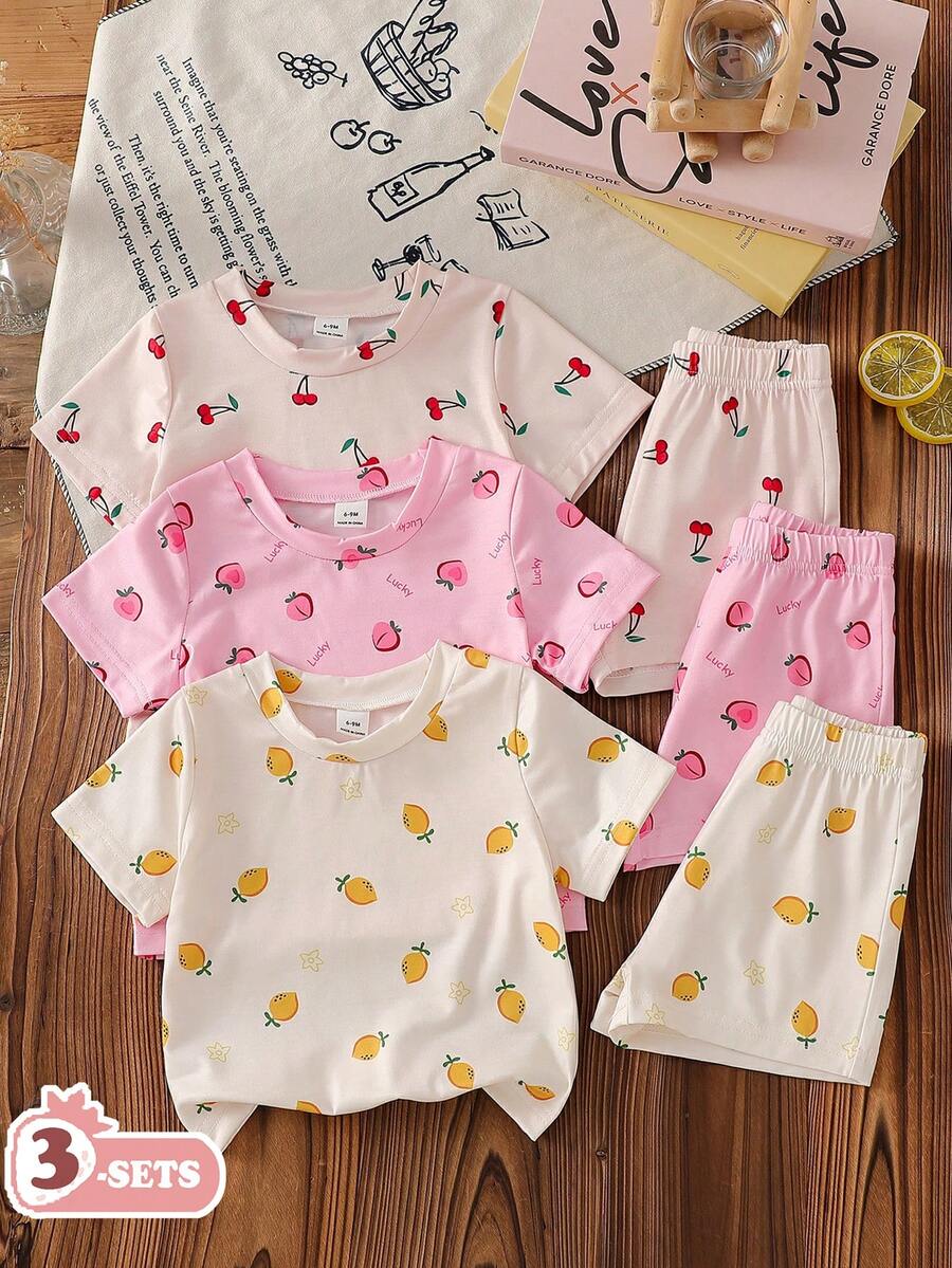 SHEIN Vintaside Kids 6件套女婴可爱优雅碎花短袖上衣短裤套装,春夏款 - 彩色 - 查看 1