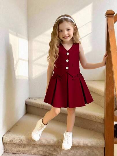 Elladie kids 2件套女童V领纽扣前开襟复古西装背心和百褶裙套装，优雅设计，适合通勤和休闲穿着。女童校服连衣裙，优雅休闲酒红色连衣裙，校服，酒红色连衣裙。