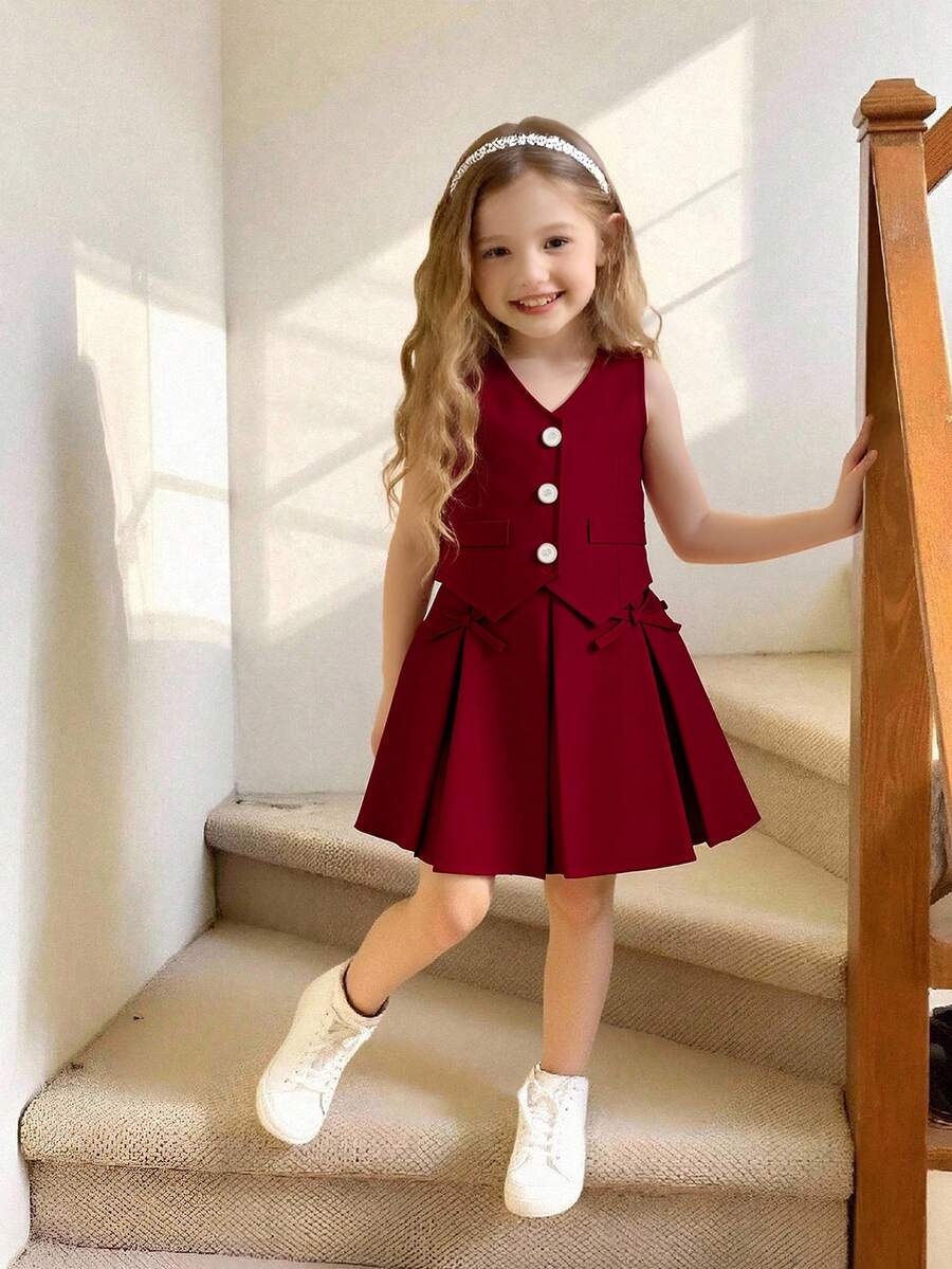 Elladie kids 2pcs/Set Young Girl V-Neck Button Front Retro Blazer Vest And Pleated Skirt Suit, Elegant Design For Commute And Casual Wear