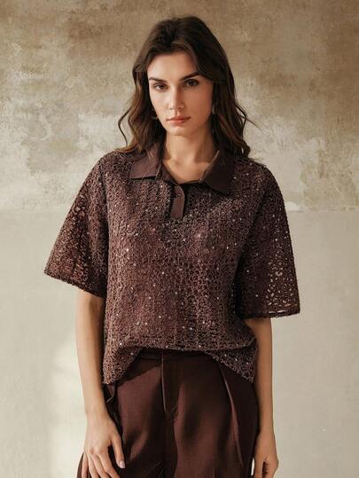 Anewsta Brown Simple Casual Round Neck Short Sleeve T-Shirt For Women