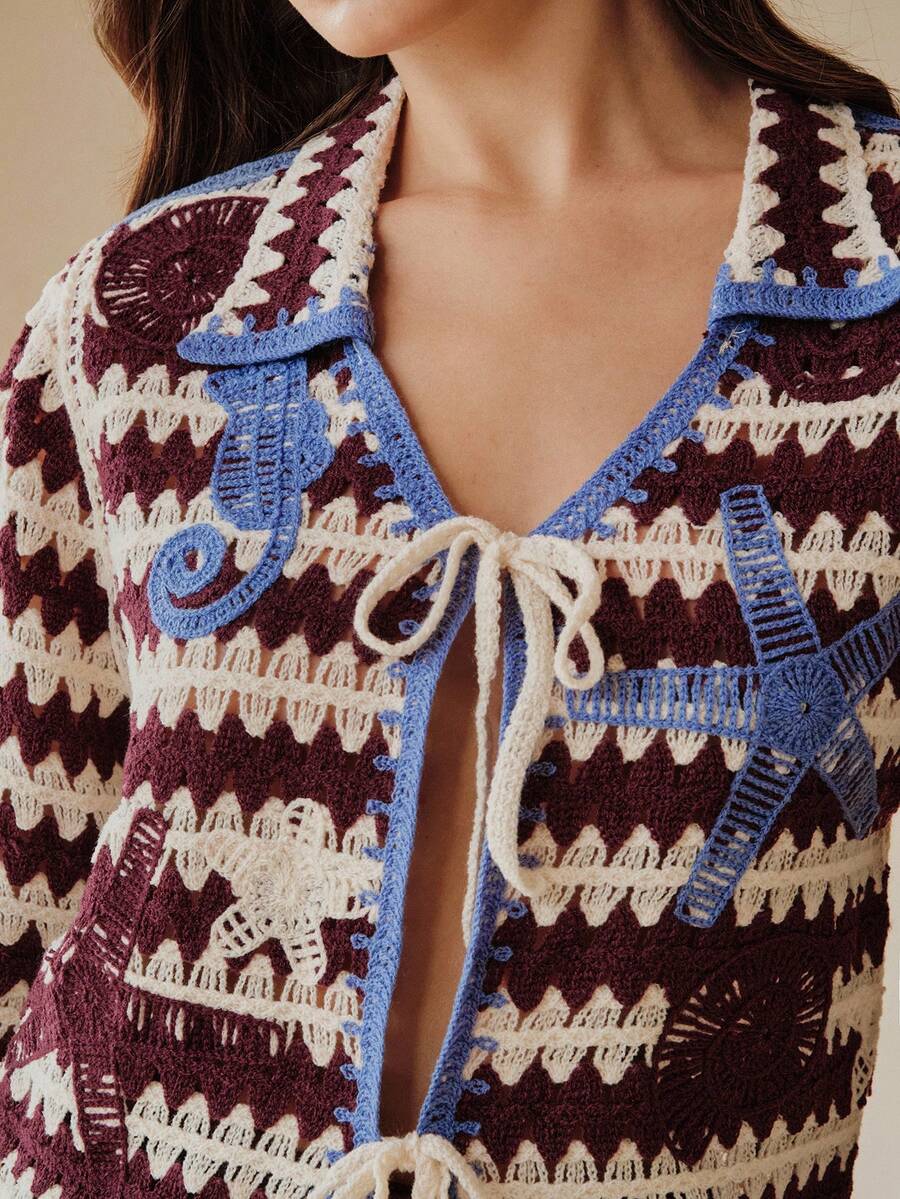 Anewsta Marine Life Striped Pattern Contrast Binding Tie Front Cardigan - Multicolor - View 1