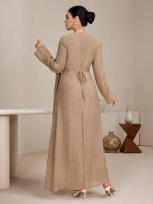 Graceveil Women's Plain Khaki Elegant A Line Maxi Dress Featuring Round Neck Long Sleeves And A Stylish Twist Detail - Khaki - View 2