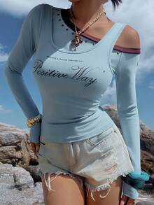 DAZY Women's Letter Print Asymmetric Collar 2 In 1 T-Shirt Y2k Spring - Blue - View 3