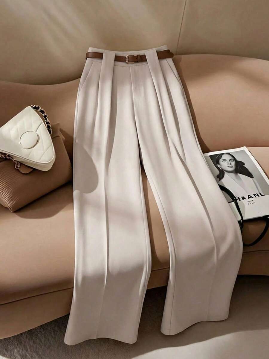 Modelyn 女士纯色褶裥直筒宽松休闲裤，百搭优雅女士阔腿裤 - 卡其色 - 查看 1
