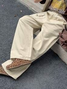 Dazy Kids Vaqueros holgados, casuales y versátiles de pierna ancha con bolsillos para niñas preadolescentes - Caqui - Ver 7