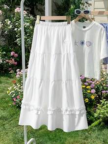 Girls' White Umbrella Skirt With Voluminous Hem, Long Length, Minimalist Japanese Style, Elegant Ruffled Hem, Versatile A-Line Skirt - White - View 3