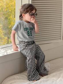 DAZY 男童休闲英文字母印花短袖T恤和格子宽松睡裤套装 - 灰色 - 查看 6