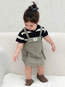 DAZY 2pcs/Set Toddler Girls' Casual Striped Short Sleeve T-Shirt And Suspender Skirt Set - Army Green - View 7