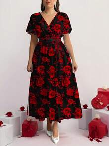 Firerie Elegant Vintage Rose Floral Pattern Loose Plus Size Dress, Suitable For Dates - Multicolor - View 4