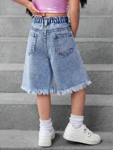 女童蓝色牛仔破洞宽松短裤 - 淺色水洗藍 - 查看 4