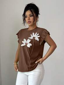 Elenzga 女士休闲贴花圆领褶皱蝙蝠袖T恤，夏季 - 棕色 - 查看 3