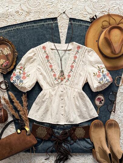 Easelle Women's Deep V-Neck Floral Embroidery Pattern Fashionable Versatile Commuting Short Sleeve Blouse