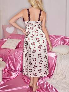 Women's Romantic Sweet Sexy Valentine's Day Cherry Bow Print & Contrast Lace Trim Satin Lace Camisole Nightgown - Apricot - View 4