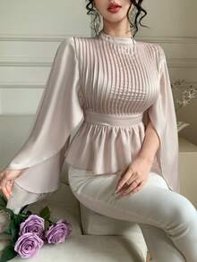 DAZY Spring/Summer Ruffled Collar Pleated Waist Elegant Casual Blouse With Patchwork Ruffle Hem, Long Sleeve, Suitable For Commuting, Weddings, Valentine's Day - Baby Pink - View 7