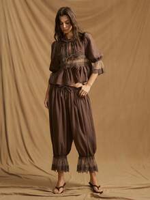 SHEIN ICON Women's Western Boho Vacation Going Out Brown Contrast Lace Tie Front 3/4 Sleeve Ruffle Hem Fashionable Blouse,Spring To Summer - Brown - View 4