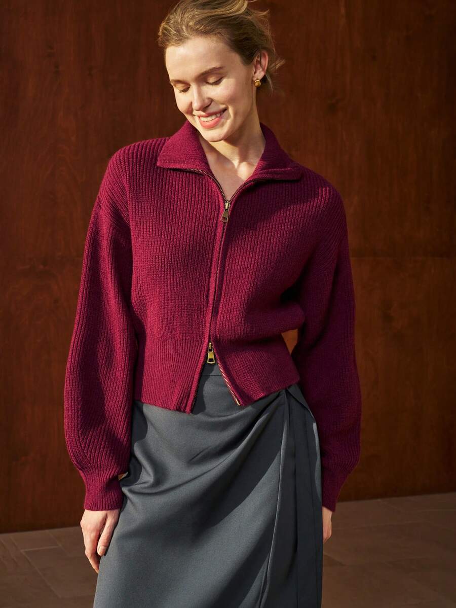 Airaco Cardigan Vintage Lengan Lentera dengan Potongan Pinggang Pendek - Burgundy - View 1