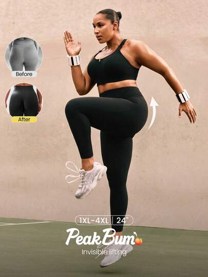GLOWMODE 24" Plus Size FeatherFit™-Sculpt Peakbum Prepare For Lift Off Sweat-Wicking Compressive Invisible Butt Lifting Leggings Side Pockets Medium Impact Workout Running Training Gym Daily Active Wear