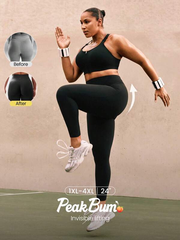 GLOWMODE 24" Plus Size FeatherFit™-Sculpt Peakbum Prepare For Lift Off Sweat-Wicking Compressive Invisible Butt Lifting Leggings Side Pockets Medium Impact Workout Running Training Gym Daily Active Wear