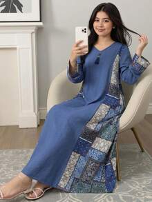 SHEIN Teen Girls' Blue Vacation Casual V-Neck Long Sleeve Dress, Loose Arabic Style V-Neck Dress, Girls' Spring Autumn Dress, Everyday Wear, Arabic Jalabiya Dress Teen Modest Dress Long Modest Dresses - Blue - View 1