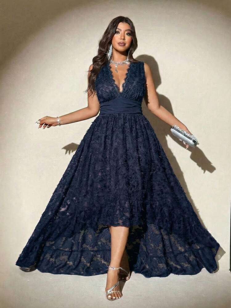 Viva Relle Plus Size V-Neck Lace Cinched Waist Elegant Dress - Navy Blue - View 1