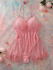 FloralLove Bộ đồ lót gợi cảm cỡ lớn với họa tiết trái tim bằng lưới, màu tương phản, có gọng, giúp thon gọn, quyến rũ, điểm nhấn là nơ, phối lưới, thích hợp cho ngày Valentine, quán bar, tiệc tùng, tụ họp. - Hồng - Xem 6