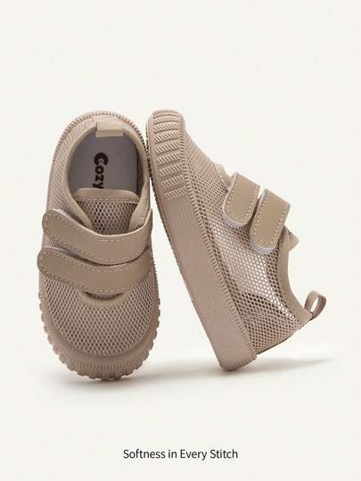 Cozy Pixies 1双男婴卡其色时尚简约网面运动鞋，双魔术贴搭扣，圆头设计，舒适透气，休闲百搭，适合日常穿着、运动、散步和旅行，春夏季节皆宜。