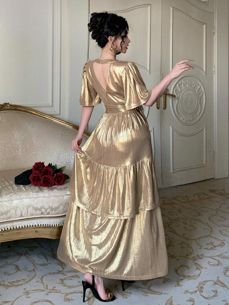 Women's Elegant Solid Color Shiny Puff Sleeve V-Neck Belted Long Dress, Summer Wedding Guest Dress Sundress