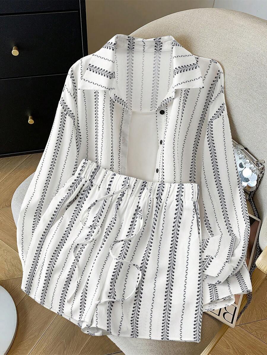 GlowEve Bohemian Style Sun Protection Shirt Set, Women Summer 2 Pieces Outfit Including Shorts - White - View 1