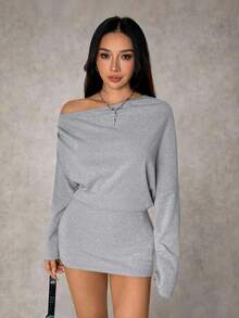 SHEIN PETITE Đầm ôm sát tay dài trễ vai bằng cashmere mới cho mùa xuân hè dành cho nữ, phong cách Y2K, thời trang đường phố. - Xám - Xem 9