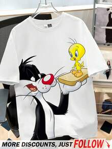 Looney Tunes X Manfinity Manfinity Joysei 男士休闲趣味卡通印花宽松落肩白色T恤，夏季 - 白色 - 查看 6