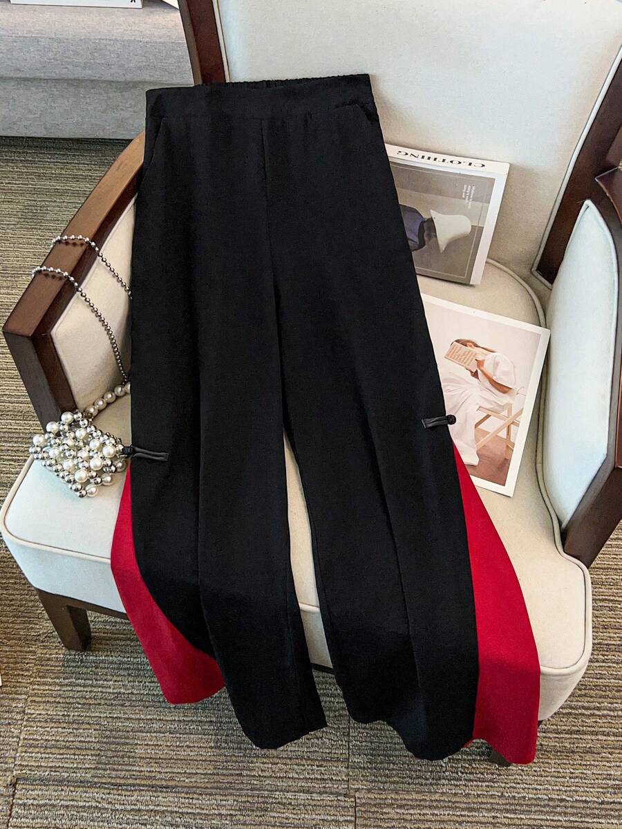 Franclia 时尚女装新款元素长裤，中国风撞色纽扣，休闲民族风长裤，撞色拼接，松紧腰带；民族街头风，宽松直筒休闲，文艺气息；知性优雅，通勤休闲两相宜。 - 彩色 - 查看 1