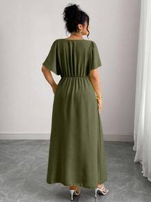 Elenzga Đầm cỡ lớn màu trơn, viền bèo nhún, cổ vuông, eo thắt cho nữ - Màu xanh Ô liu - Xem 2