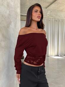 Aloruh Women's Contrast Lace Oblique Shoulder Long Sleeve Fashionable Elegant T-Shirt Lace Long Sleeve Top - Burgundy - View 3