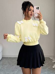Elenzga Women's Autumn New Fashionable Minimalist Bow Decor Short Sweatshirt - Light Yellow - View 3