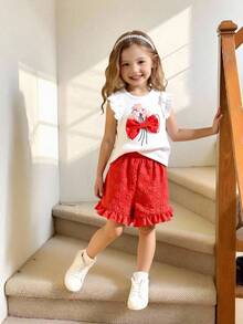 SHEIN Elladie kids 女童（小号）针织提花象牙色荷叶边背心上衣和红色荷叶边短裤套装，可爱迷人的宝宝夏季服装 - 紅色 - 查看 5