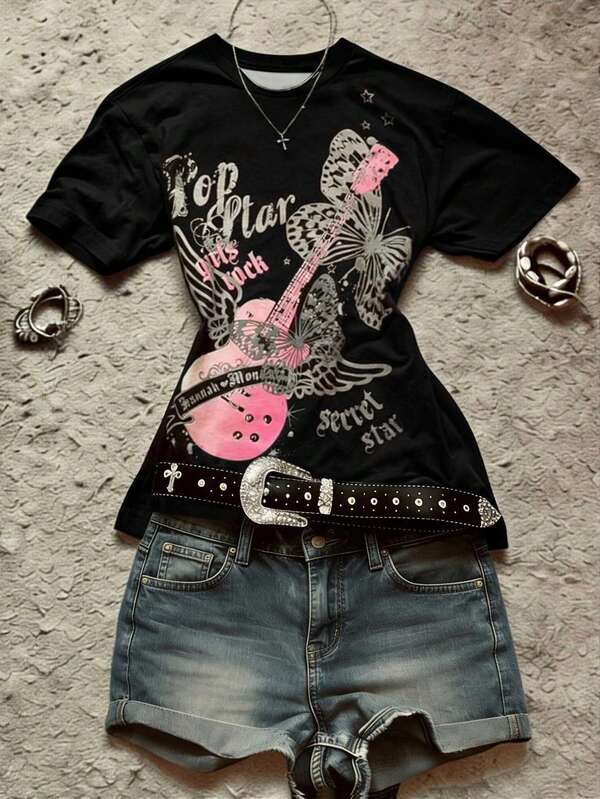 Glimmora 女士休闲蝴蝶吉他图案圆领街头风卫衣，适合日常街头穿着