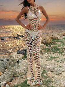 Opulessa Váy Maxi Che Phủ Đính Hạt Móc Thời Trang Nữ - Màu be - Xem 6