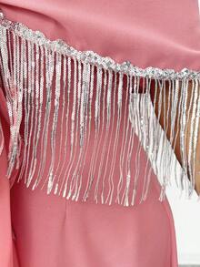 Elenzga Women's Elegant Pink Summer Wedding Ninang Sleeveless A-Line Solid Color Dress,High-End Waist Gathered Gown With Silver Sequin Tassel Decor Shawl - Dusty Pink - View 9