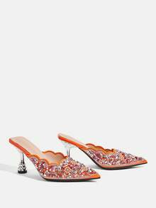 CUCCOO TILAWA Zapatos de tacón de aguja con puntera puntiaguda, con brillantes, para mujer, para fiestas - Naranja - Ver 4