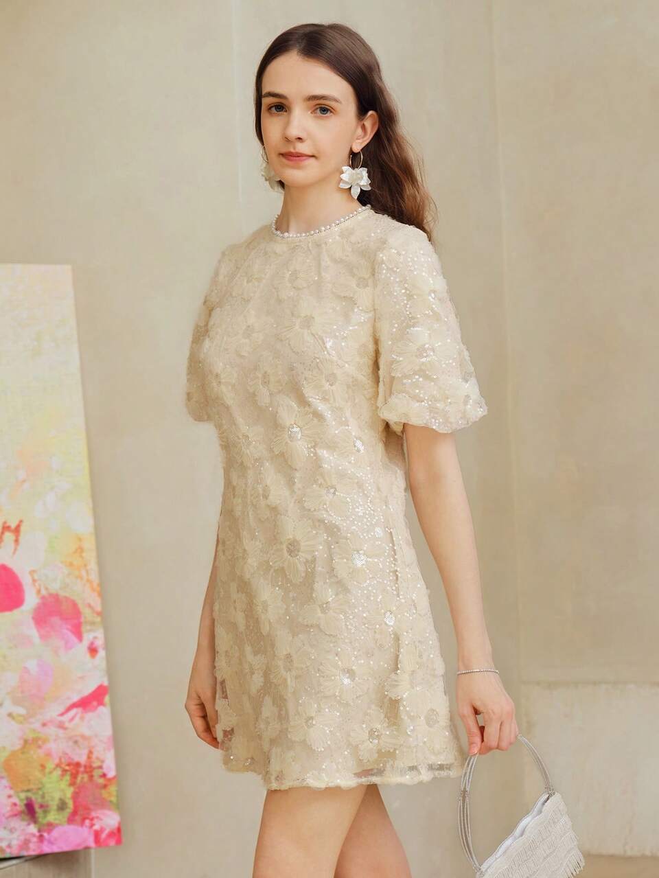 MOTF VESTIDO DE MANGA ABULLONADA CON MALLA DE CONTRASTE