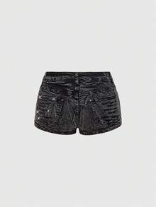 ROMWE Grunge Punk Quần short denim cạp siêu thấp gợi cảm phong cách Y2K dành cho nữ, đính cườm và thêu họa tiết cổ điển. - Xám - Xem 1