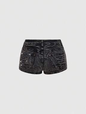 Grunge Punk Y2K Sexy Vintage Beaded Embroidery Super Low Waist Denim Shorts For Women