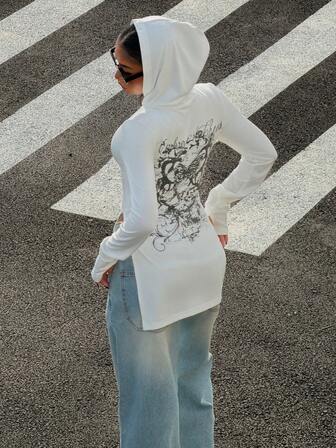 Muchica Camiseta asimétrica con capucha y estampado de letras para mujer, color blanco