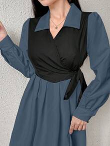 Modelyn 大码撞色翻领系腰衬衫裙，喇叭袖 - 藍色 - 查看 3