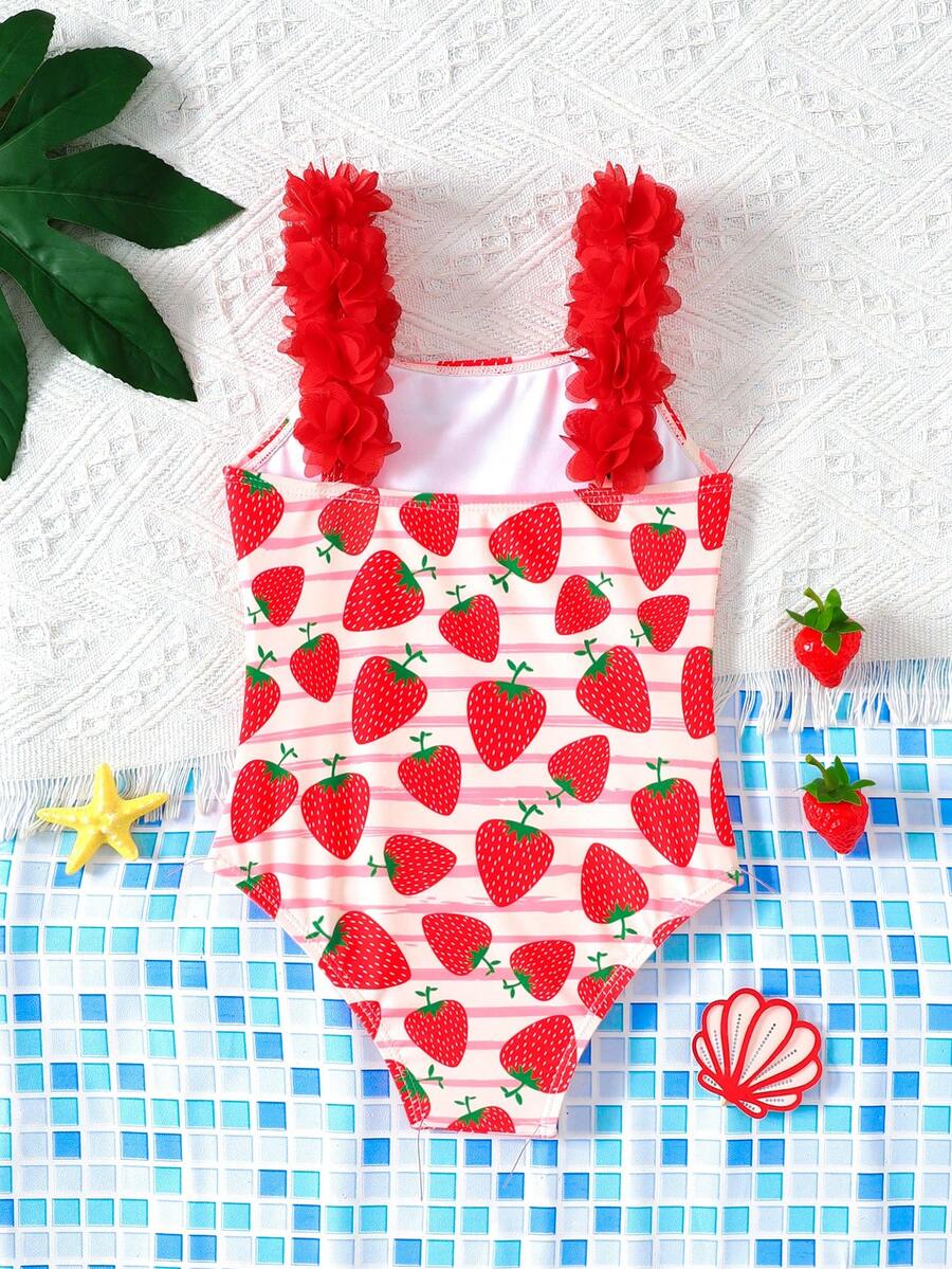 Young Girls Cute Strawberry Print One-Piece Swimsuit, Versatile For Casual Daily, Outing, Party, Swimming, Beach, Vacation