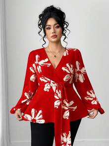 Elenzga 大码女式印花优雅交叉领系带荷叶边泡泡袖长连衣裙，秋季上衣 - 彩色 - 查看 4